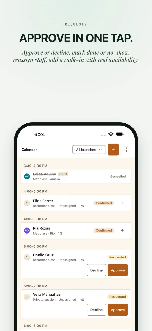 Approve in one tap: requested bookings with Approve and Decline buttons.