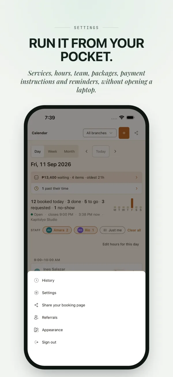 Run it from your pocket: the settings menu for services, hours and team.